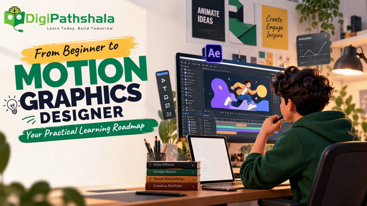 Beginner learning motion graphics design with animated typography and creative software